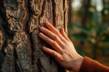 Touch of Home: Hands gently touching the bark of a tree, conveying a sense of connection, peace,...