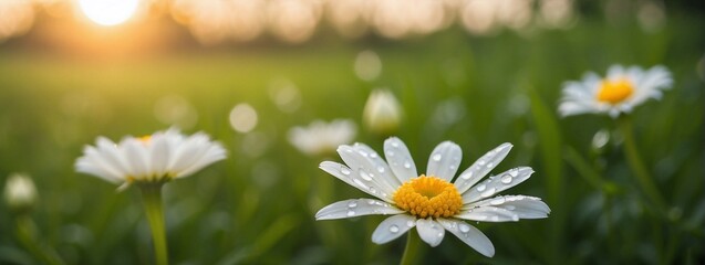 Fototapeta premium The landscape of white daisy blooms in a field, with the focus on the setting sun. The grassy meadow is blurred, creating a warm golden hour effect during sunset and sunrise time.