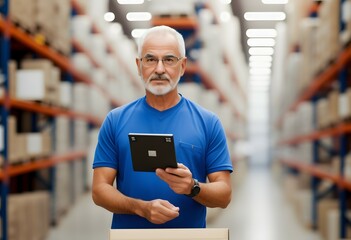 An older man holding a tablet in a warehouse
