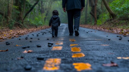 Man and Child Walking Down Wooded Road