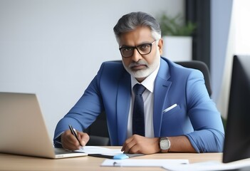 Fototapeta na wymiar Indian businessman sitting at a desk writing something on paper