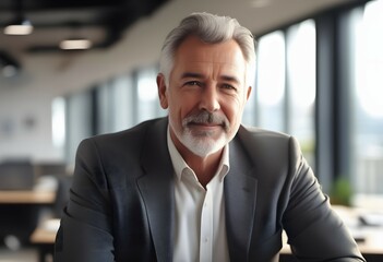 Naklejka premium Mature man in a suit smiling while sitting at a table