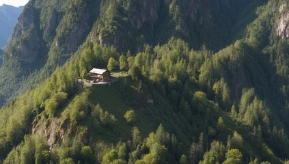 landscape to wooden house. picture from sky.