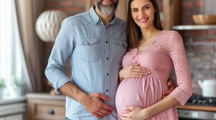 A joyful expectant couple embraces, with the pregnant woman holding her belly, while standing in the warm ambiance of their home kitchen.