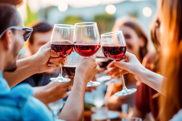 Happy friends toasting red wine glasses at dinner party