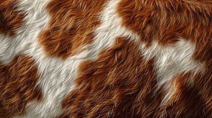 close-up of the fur pattern of a cow is predominantly brown with irregularly shaped white spots scattered across it. 