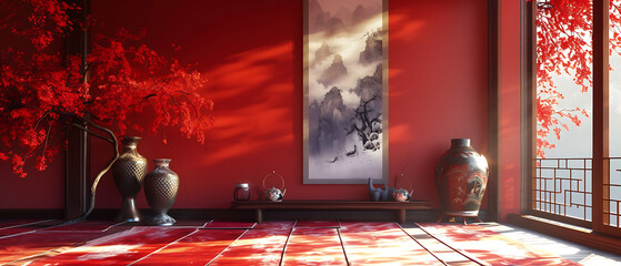 a red room with a painting on the wall and vases on the floor