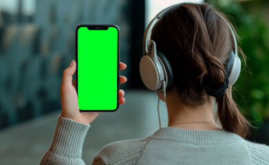 Tech Lifestyle: Woman with Green Screen iPhone and Bluetooth Headphones