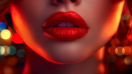 Fototapeta premium Close-Up of Womans Red Lips at Night With Blurred Lights