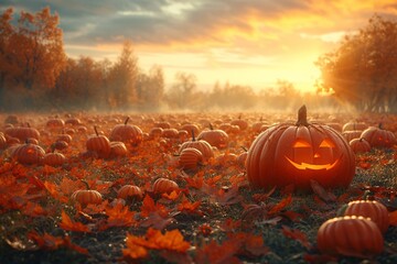 A vibrant orange pumpkin stands tall in a vast field of cucurbitas, under the watchful sky, ready to be carved into a jack-o-lantern for a festive halloween trick-or-treat celebration - obrazy, fototapety, plakaty