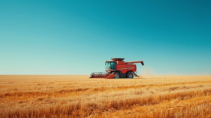 Bask in the vastness of agriculture with a harvester working in golden wheat field