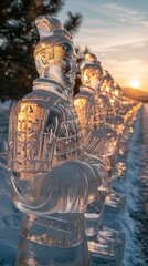 Icy Guardians, Terracotta Warriors Sculpted in Ice, Standing Majestic in a Snowy Landscape