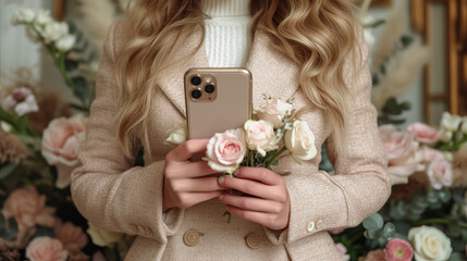 Elegant Woman Holding Smartphone Amongst Blooming Flowers