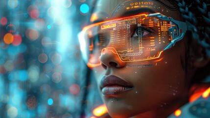 Surreal Cyberpunk Odyssey, African American Woman, a Virtual Reality Hacker, Surrounded by Holographic Code, Futuristic UI, and Virtual Landscapes