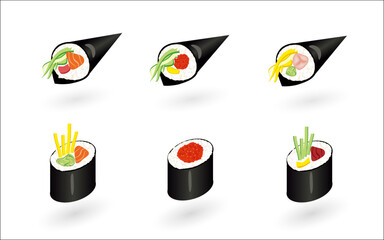 Set of realistic sushi. Gunkan maki and  temaki. Japanese traditional food. Vector illustration.