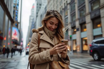 A stylish woman in a coat stands on a busy city street, captivated by her phone as she blends into the bustling urban landscape