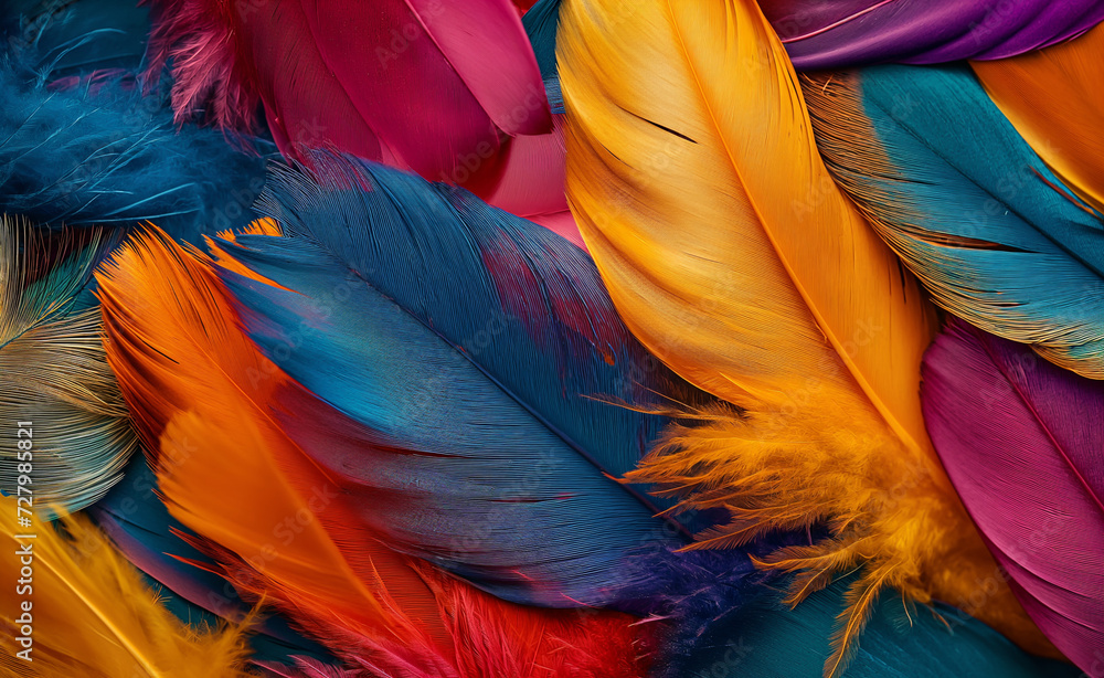 Poster feathers closeup of multicolored abstract background texture.