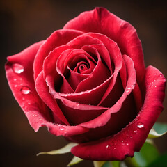 A red rose on a dark brown background, top view.