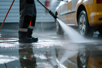 Obraz premium cleaning staff hoses a portable car with high pressure water jets.