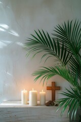 Palm Leaves, Candles, and a Holy Wooden Cross, Gracefully Set Against a Heavenly Background for a Tranquil Composition