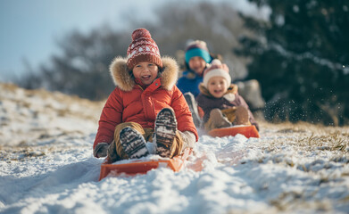 Winter Wonderland: Happy Children Sledding Down Snowy Hill