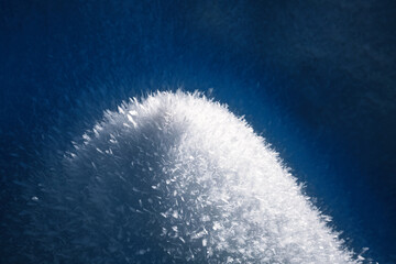 Close up view of snow texture, abstract natural background with copy space.