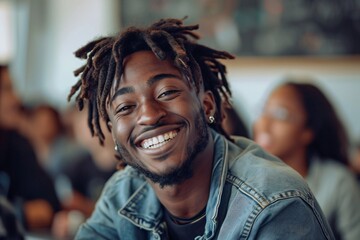 A joyful man with a beaming smile and stylish dreadlocks stands indoors, exuding warmth and approachability as he looks directly into the camera