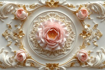 
A 3D wallpaper featuring a stretch ceiling decoration model with a mandala and decorative frame of flower roses in the background.