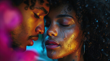 Obraz premium Love Blooms: Celebrating Valentine's Day with an African-American Couple In The Rain
