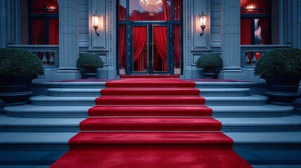 Grand entrance with luxurious red carpet on stairs leading to an opulent doorway - obrazy, fototapety, plakaty