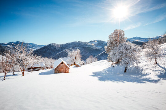 Idyllic view of the mountainous area on a frosty and sunny day. Carpathian mountains, Ukraine, Europe.