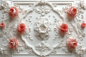 
A 3D wallpaper featuring a stretch ceiling decoration model with a mandala and decorative frame of flower roses in the background.