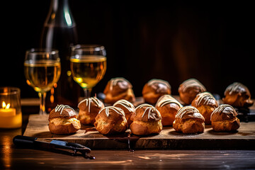 Naklejka premium Delight in the airy elegance of Profiteroles showcased on a rustic wooden table. Perfect for culinary projects and dessert themed designs.