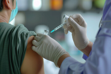 A doctor making vaccine injection, close up syringe with needle. - obrazy, fototapety, plakaty