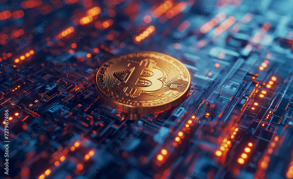 Poster bitcoin blockchain: digital mining technology wallpaper banner.