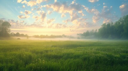 Obraz premium A beautiful summer landscape with cut grass, bathed in morning light and light fog. Ideal for banners capturing the serene essence of a fresh and tranquil morning.