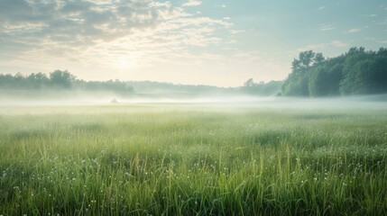 Fototapeta premium A beautiful summer landscape with cut grass, bathed in morning light and light fog. Ideal for banners capturing the serene essence of a fresh and tranquil morning.