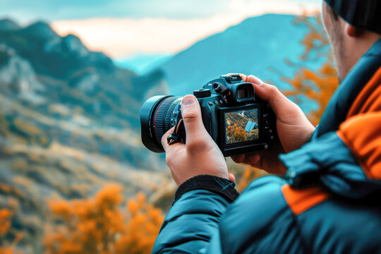 A photographer holds a reflex camera, capturing a stunning landscape