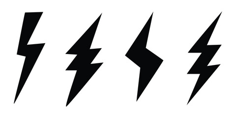 Black lightning icon collection. Bolt, power, thunder, charge, storm symbol. Flash lightning bolt icon set. Electric power symbol. Power energy signs isolated on white background. Vector EPS 10 - obrazy, fototapety, plakaty