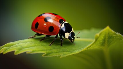 Fototapeta premium A close-up of a ladybug perched on a green leaf, with soft focus creating a beautiful nature background. Perfect for showcasing the delicate details of the small world.