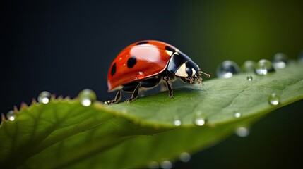 Fototapeta premium A close-up of a ladybug perched on a green leaf, with soft focus creating a beautiful nature background. Perfect for showcasing the delicate details of the small world.