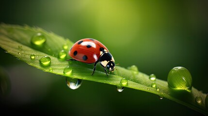 Fototapeta premium A close-up of a ladybug perched on a green leaf, with soft focus creating a beautiful nature background. Perfect for showcasing the delicate details of the small world.