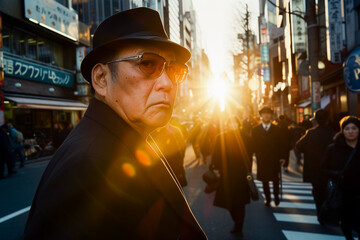 1970's style portrait of a enigmatic Japanese businessman on a busy street. In the style of editorial fashion and photojournalism.
