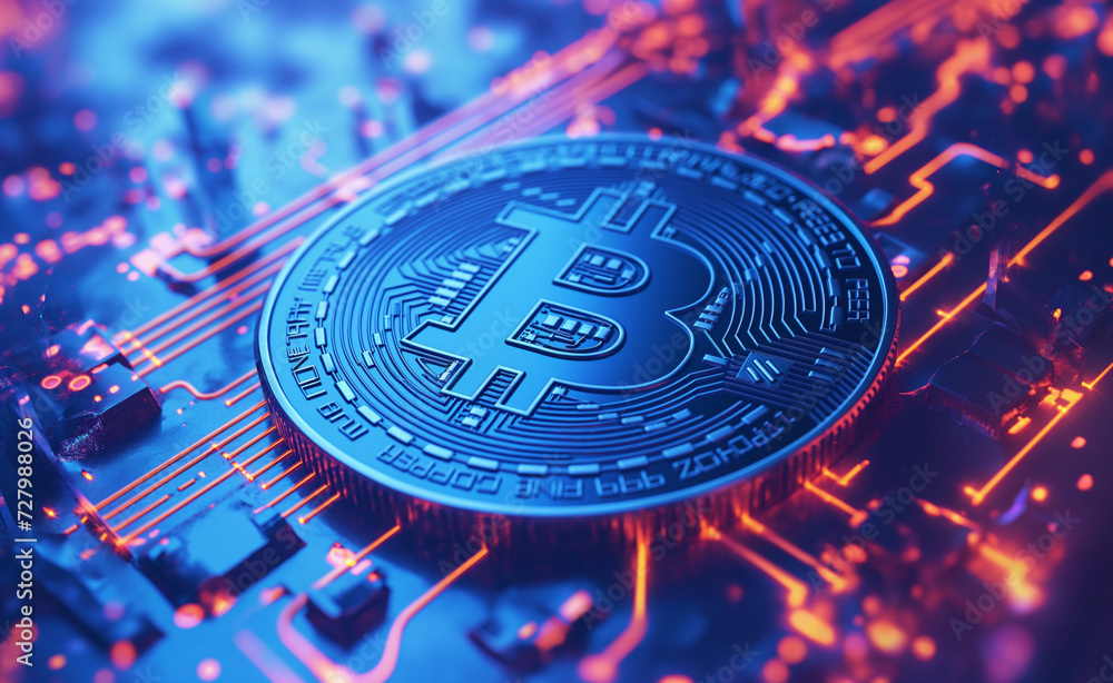Poster bitcoin blockchain: digital mining technology wallpaper banner.