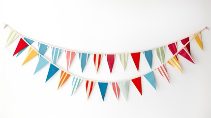 Obraz premium A carnival garland with flags isolated on a white background, perfect for birthdays and festivals. Vibrant and festive, setting the mood for fun!