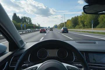 Point of View Driving car on a highway, first person perspective - obrazy, fototapety, plakaty