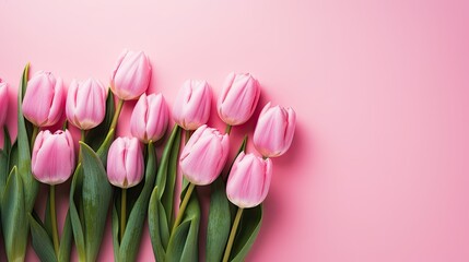 Pink tulips on a pink background, flat lay with a festive touch. Top view for a Happy Easter card, capturing the essence of floral delight