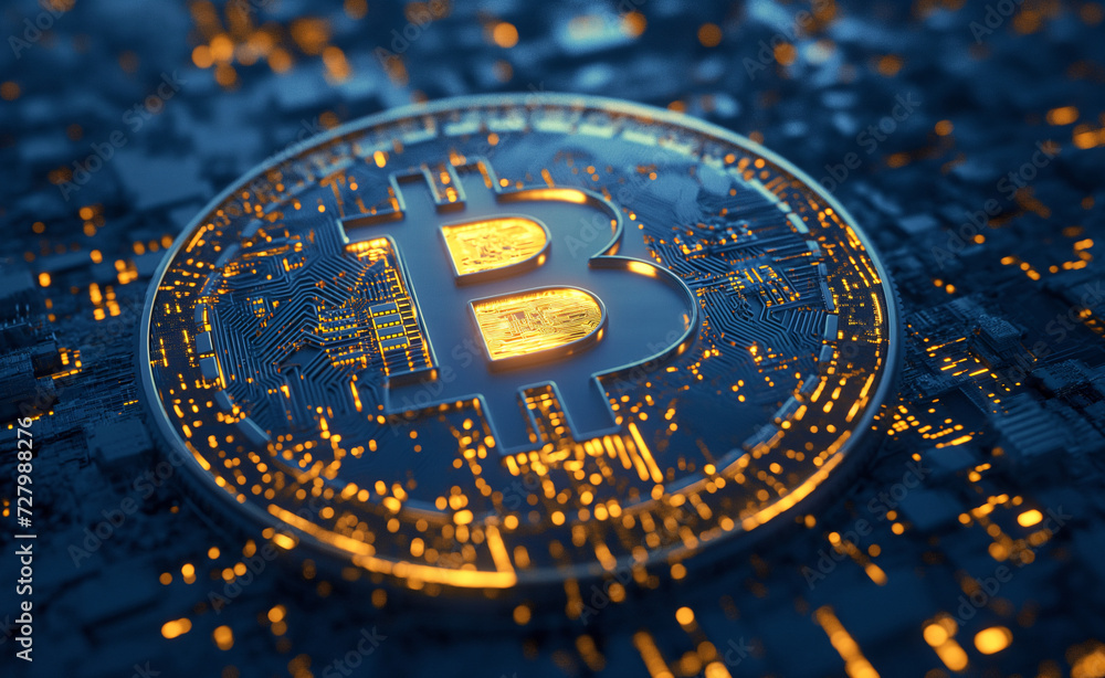 Poster bitcoin blockchain: digital mining technology wallpaper banner.