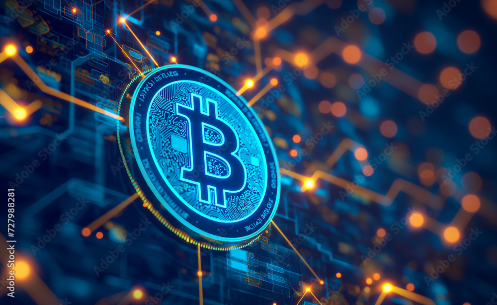 Poster bitcoin blockchain: digital mining technology wallpaper banner.