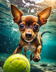 toy terrier chasing a tennis ball